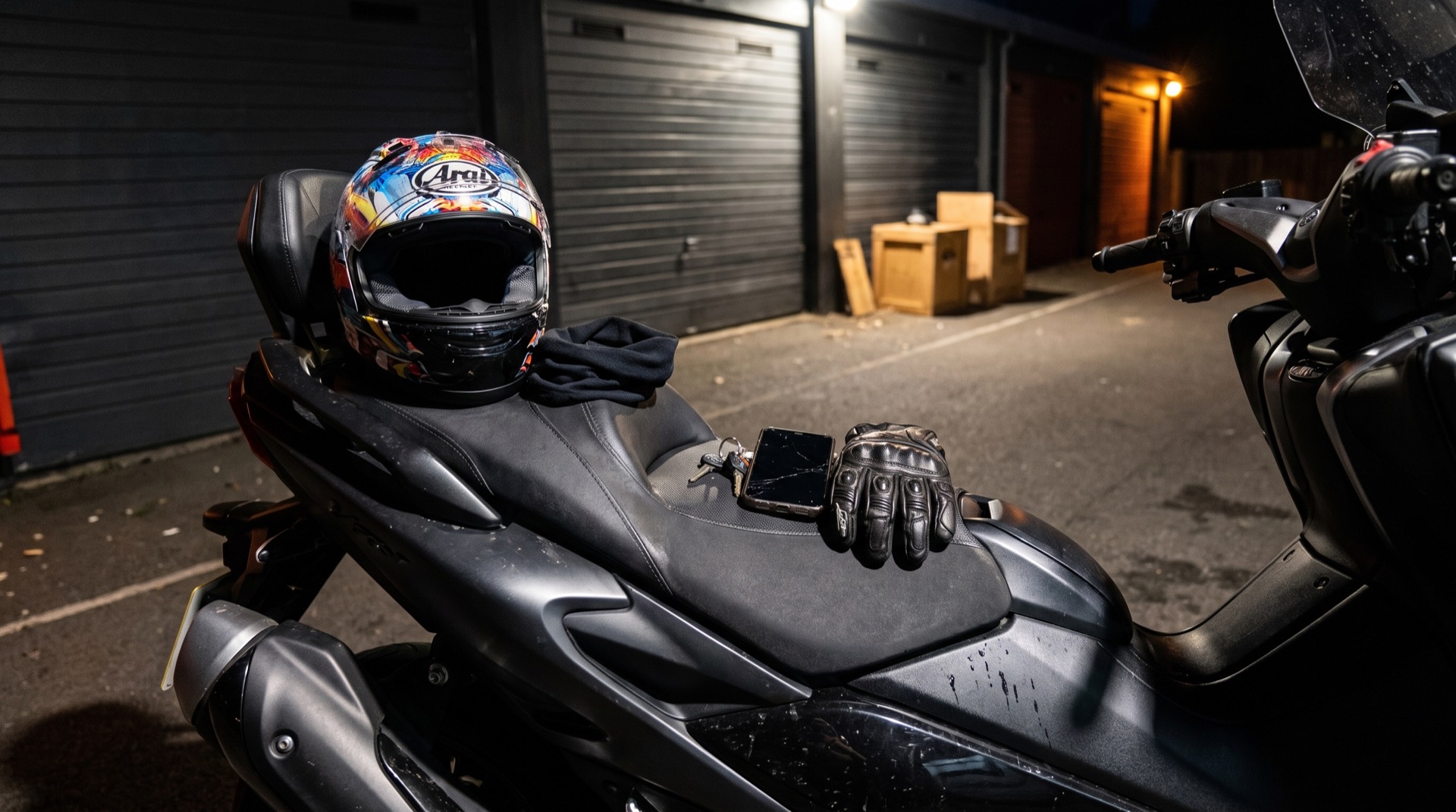 Équipement du pilote posé sur la selle d'un maxi-scooter la nuit sous la lampe du garage, casque intégral, gants, tour de cou.