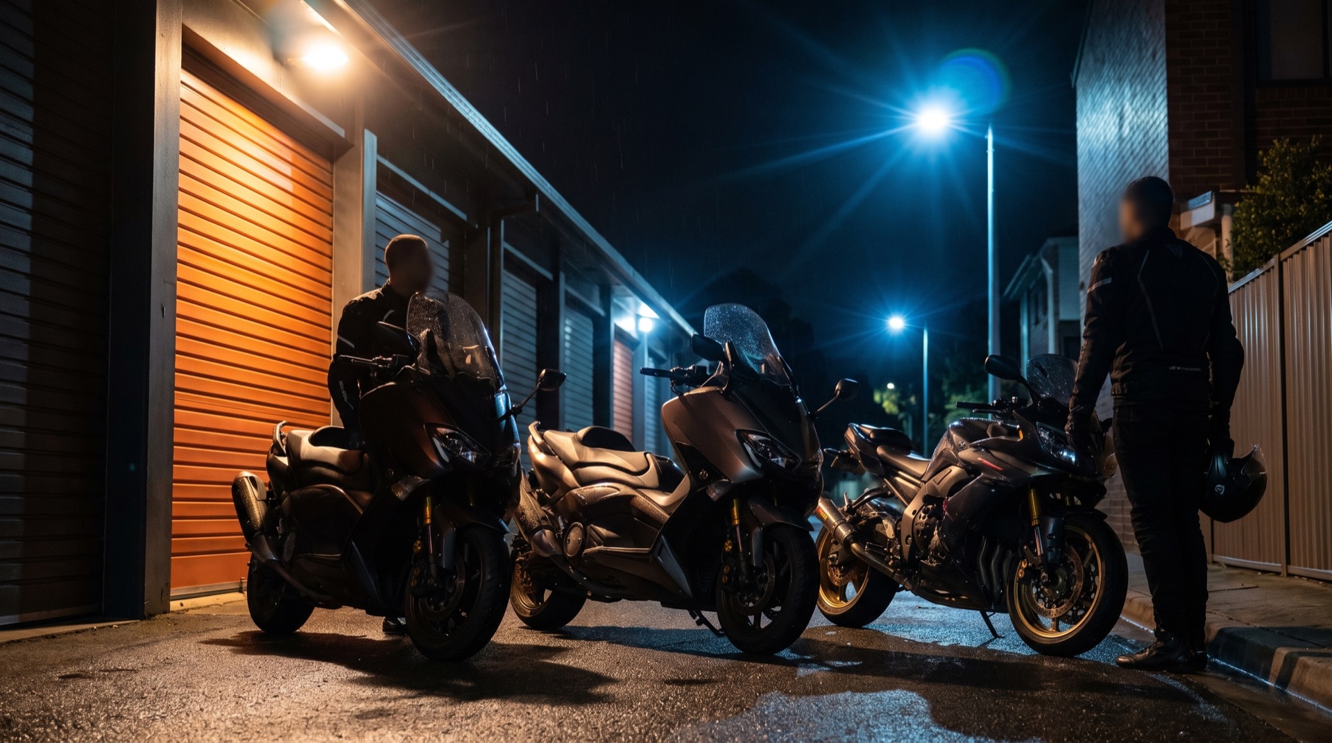 Trois maxi-scooters et une sportive garés de nuit devant des box de garage, un rideau orange éclairé.